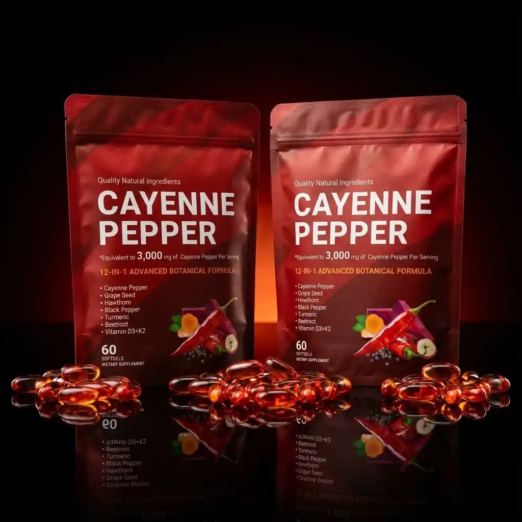 VitaPeaks CAYENNE PEPPERのパッケージ2袋とソフトジェル