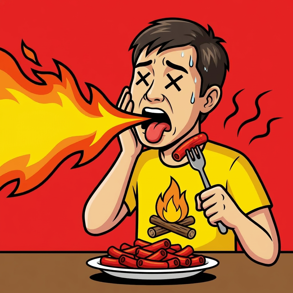 辛い唐辛子を食べるアジア人男性のイラスト